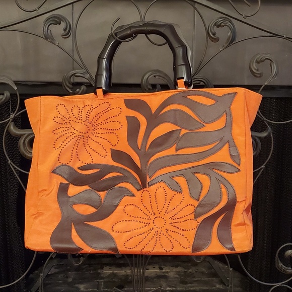 Handbags - Orange silk tote with brown leather applique